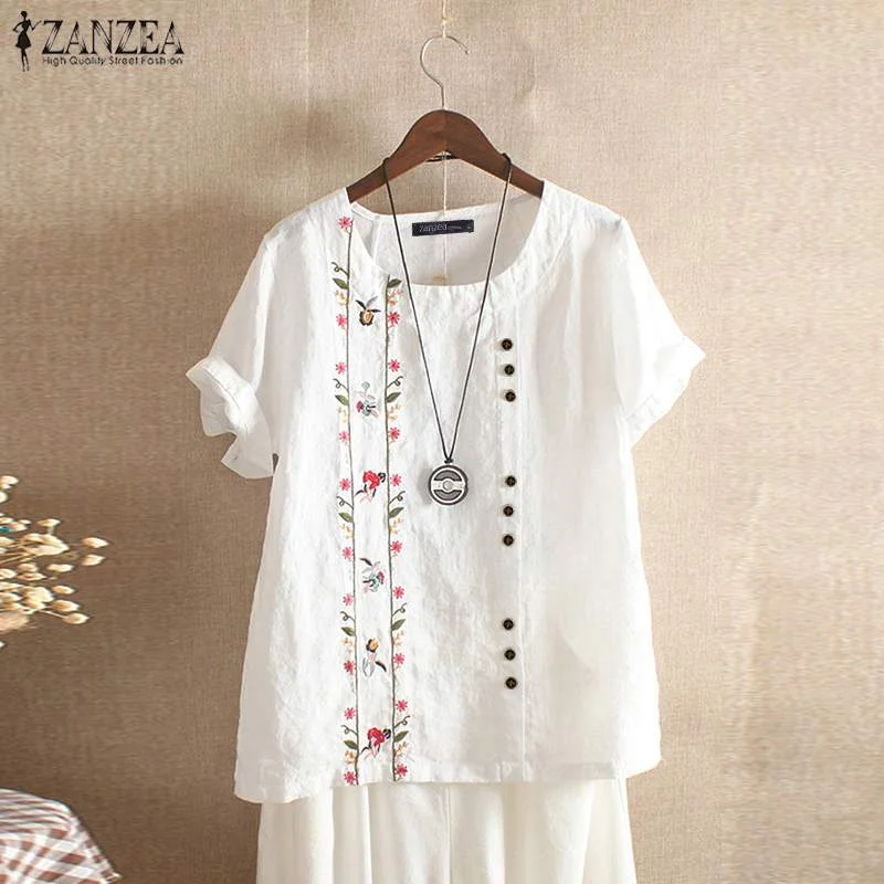 ZANZEA Women Cotton Linen Blouse Summer Short Sleeve Shirts Vintage Floral Embroidery Tunic Tops Casual Female Blusas Chemise