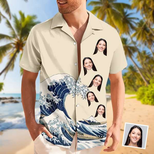 Custom Great Waves Hawaiian Shirt With Face Holiday Beach Shirt Japanese Art Ocean Theme Beach Shirt Holiday Gift For Men elevenforest