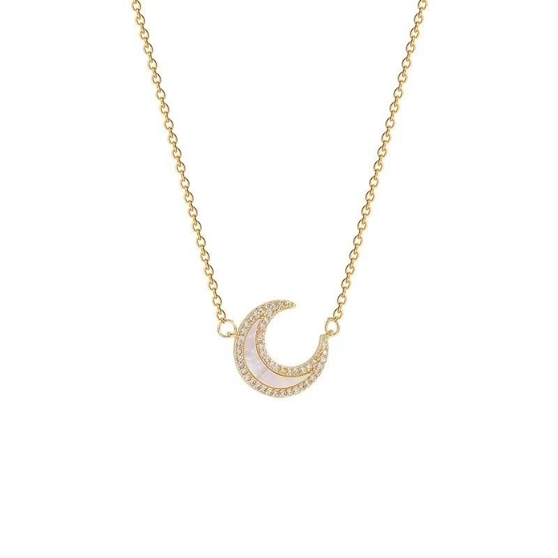 Moon Titanium Steel Shell Zircon Inlay Stainless Steel Necklaces
