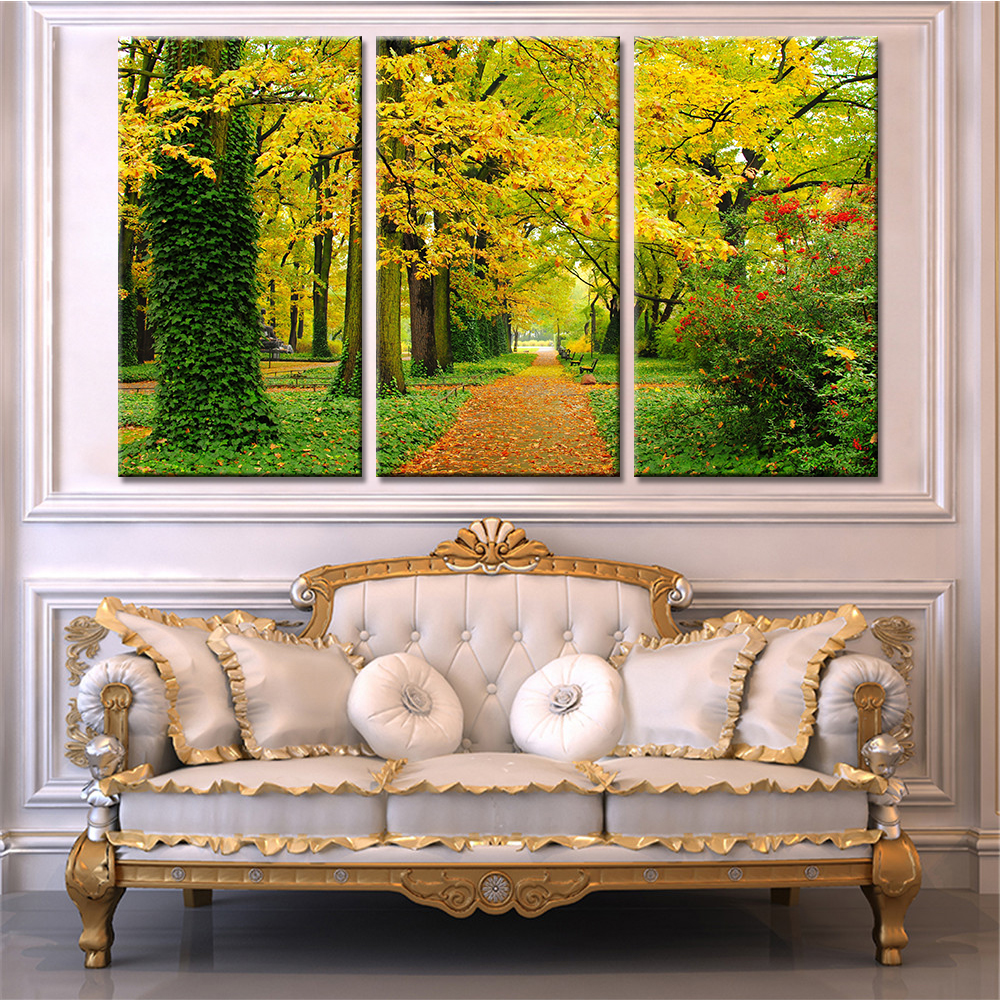 Drop Shipping 3 Pieces Home Decor Gold Maple Trees Leaves Landscape on Canvas Wall Art Paintings for Living Room No Frame