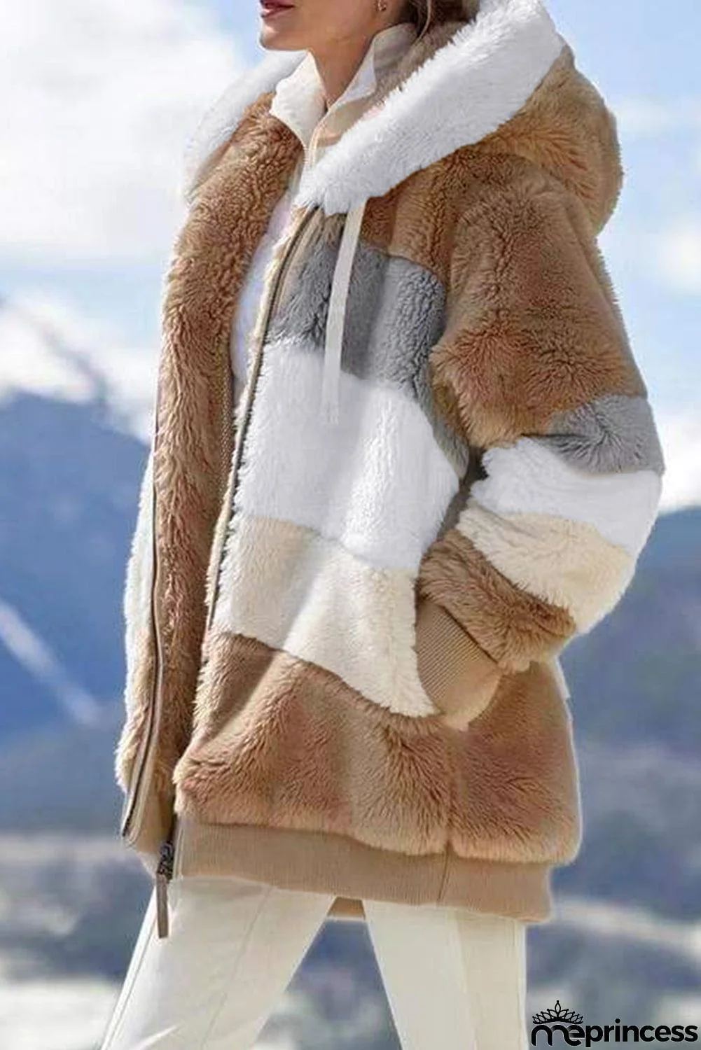 Colorblock Zip Up Sherpa Coat with Hooded