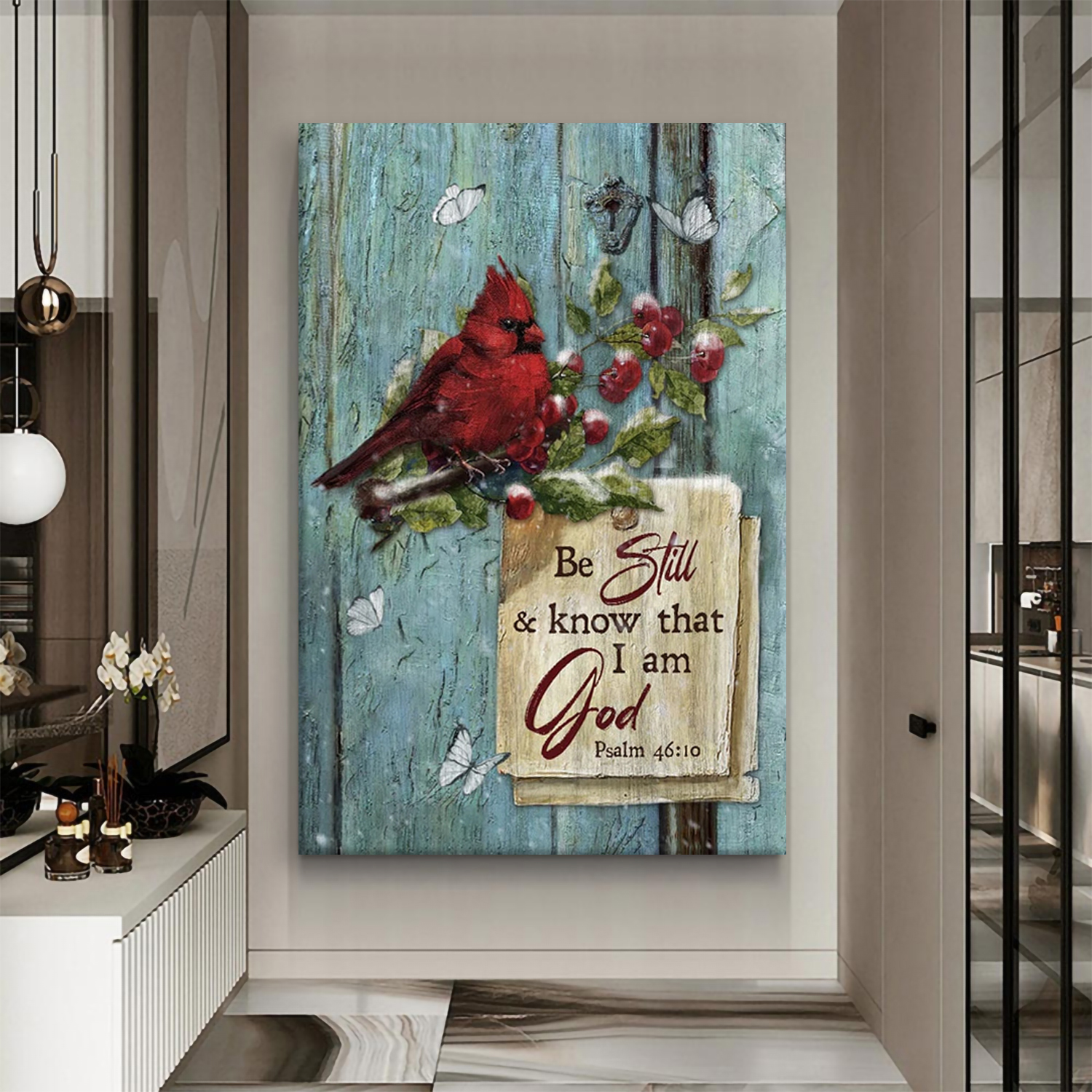 Cute cardinal, Red cranberry, Butterfly, Be still and know that I am God - Jesus Portrait Canvas Prints, Christian Wall Art 