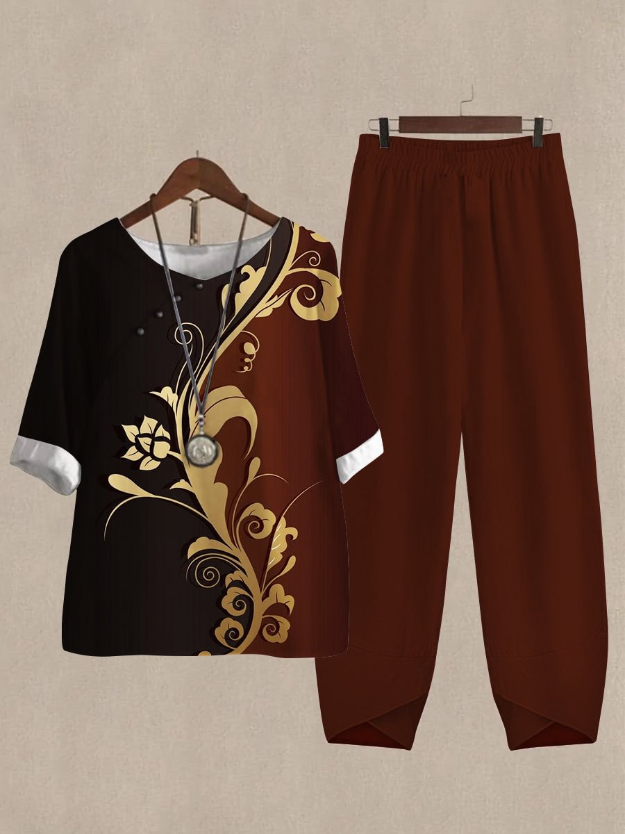 Women's Printed Color Block Half Sleeve Top And Casual Pants Linen Two Pieces