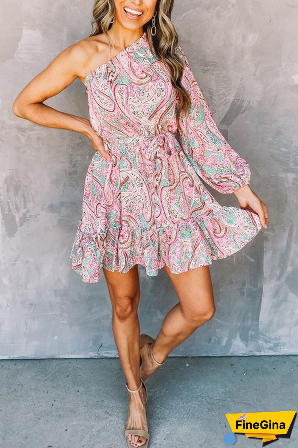 One Shoulder Ruched Belt Dress