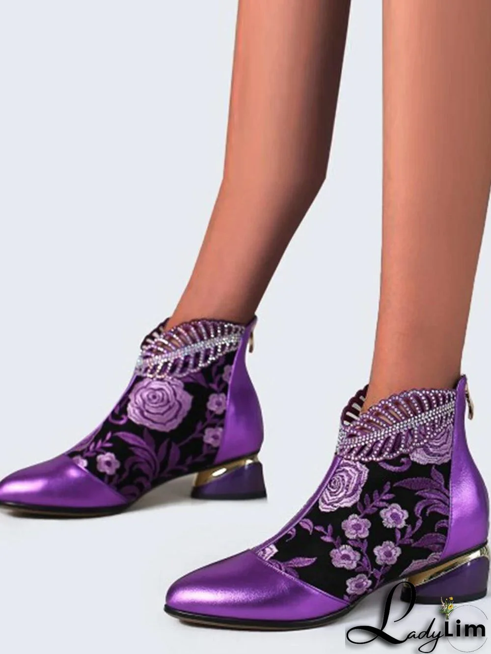 Floral Embroidery Rhinestone Decor Chunky Heeled Boots