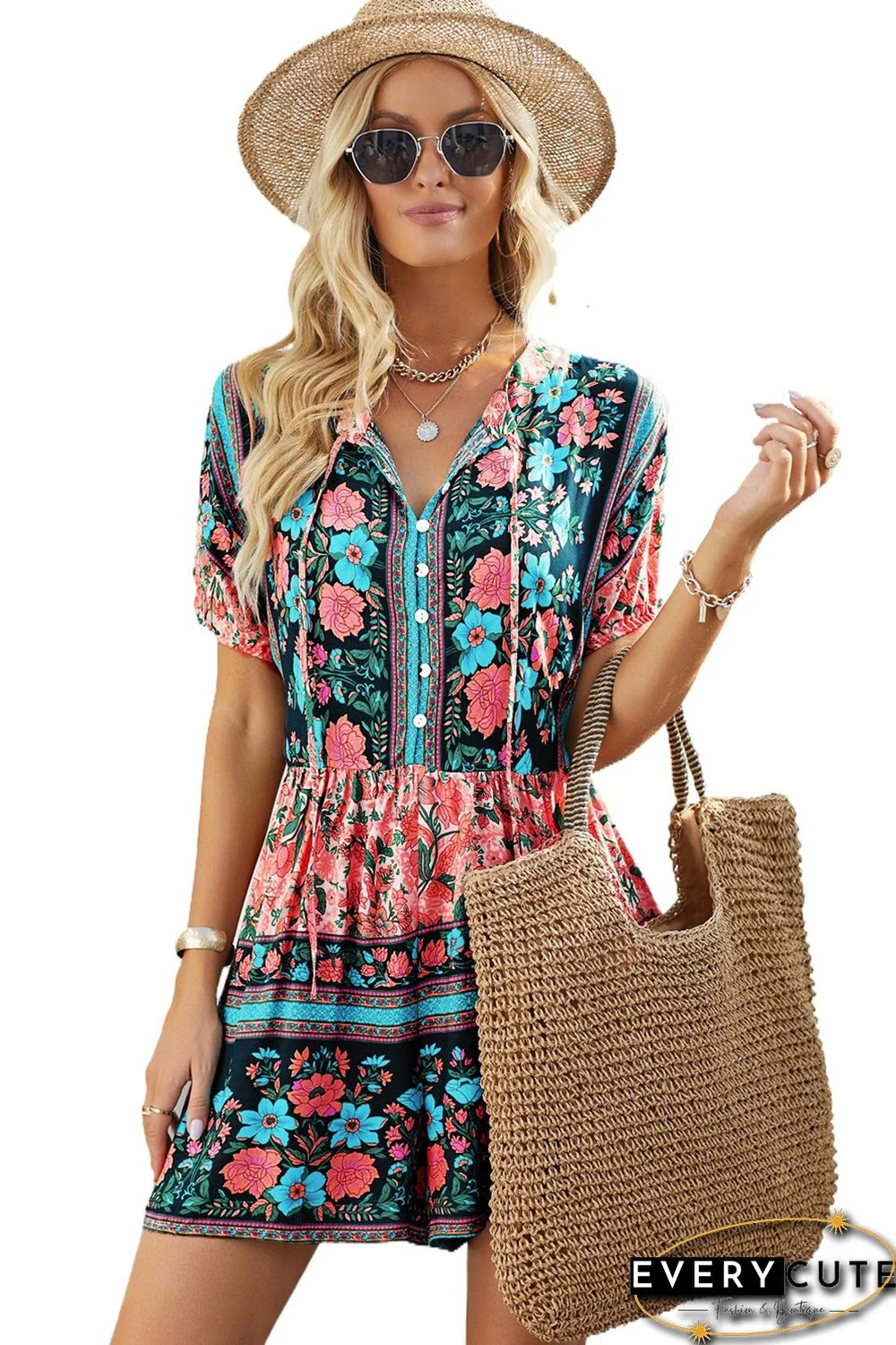 Multicolor Spring Floral Buttons Short Sleeve Romper