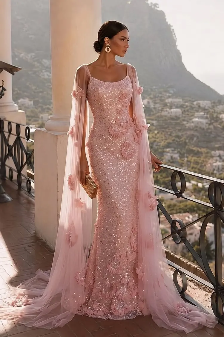 Square Neck Spaghetti Straps Sleeveless High-Waisted Long Mermaid Prom Dress With Flower Appliques And Flowing Cape | JZ0204 Wellcucu