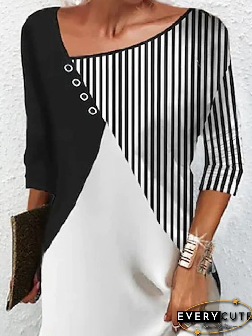 Women Striped Casual Autumn Lightweight Daily Jersey Asymmetrical Skirt Three Quarter Dresses