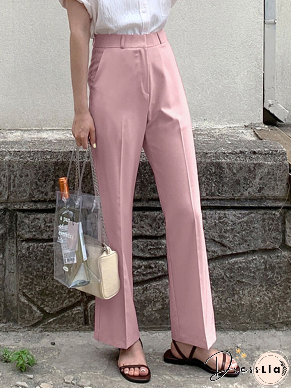 Solid Pocket Zip Front Tailored Pants For Women