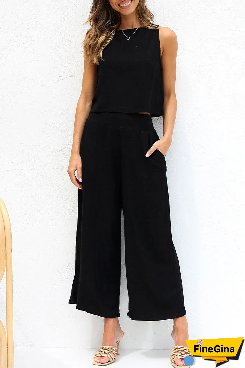 Casual Street Solid Buckle O Neck Sleeveless Two Pieces
