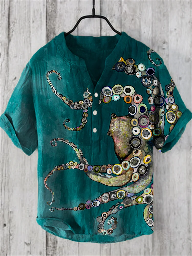 Colorful Octopus Oil Painting Linen Blend Shirt