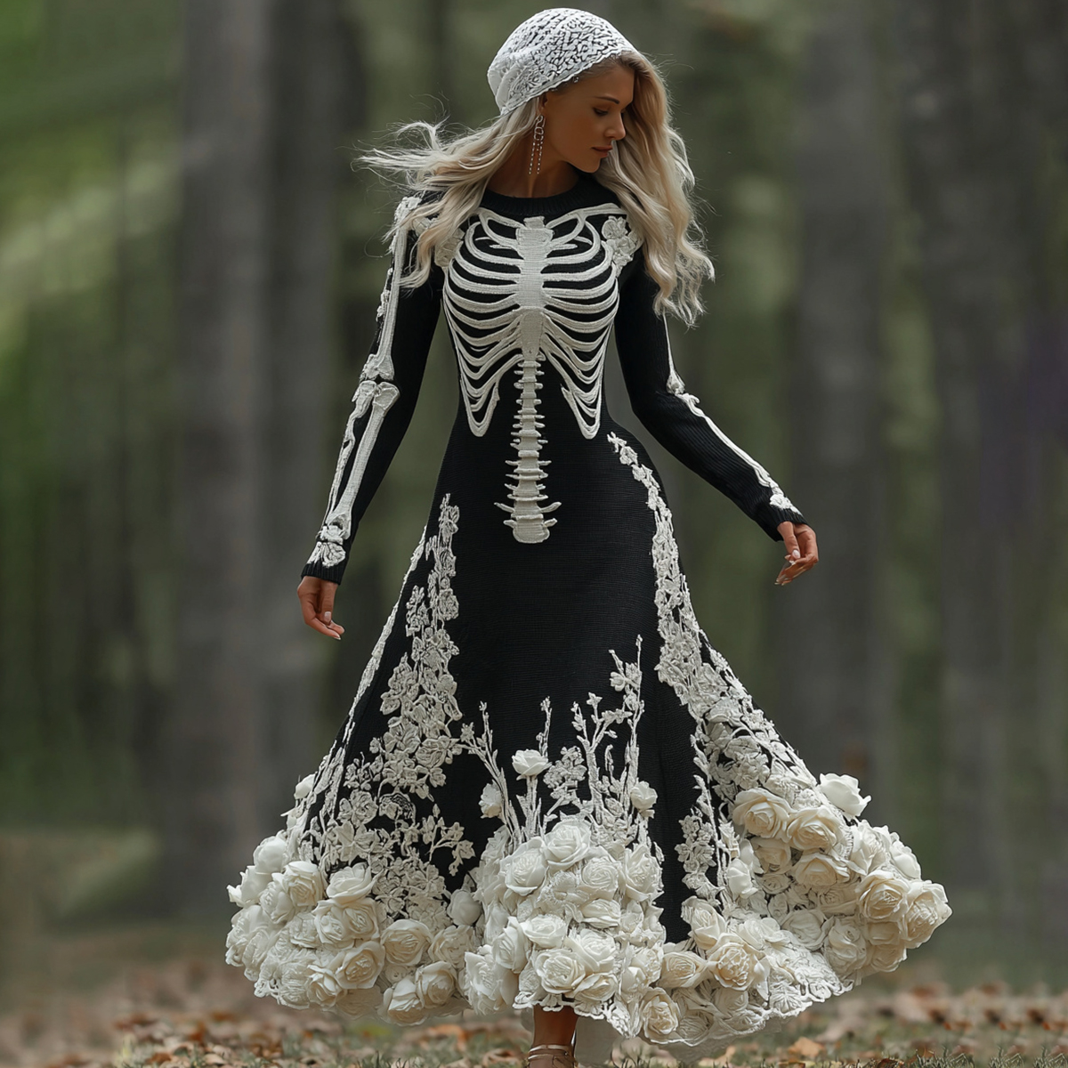 Women's Halloween Skeleton Bones With Rose Art Cozy Knitted Warm Long Sleeve Maxi Dress