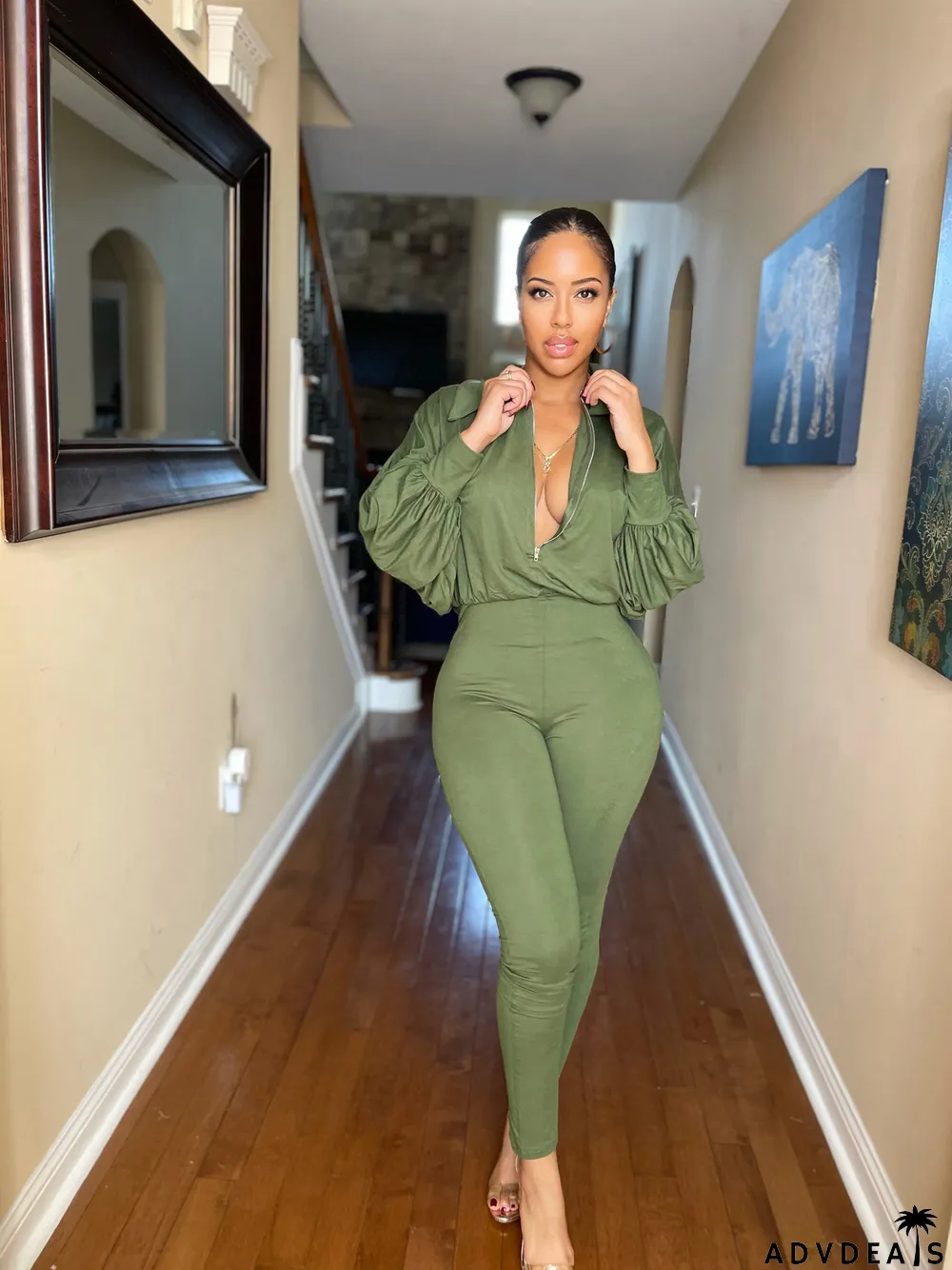 Plus Size Fashion Solid Color Zipper Jumpsuit