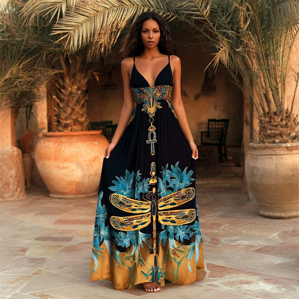 Vintage Egyptian Dragonfly Pattern Women's Spaghetti Strap Maxi Dress