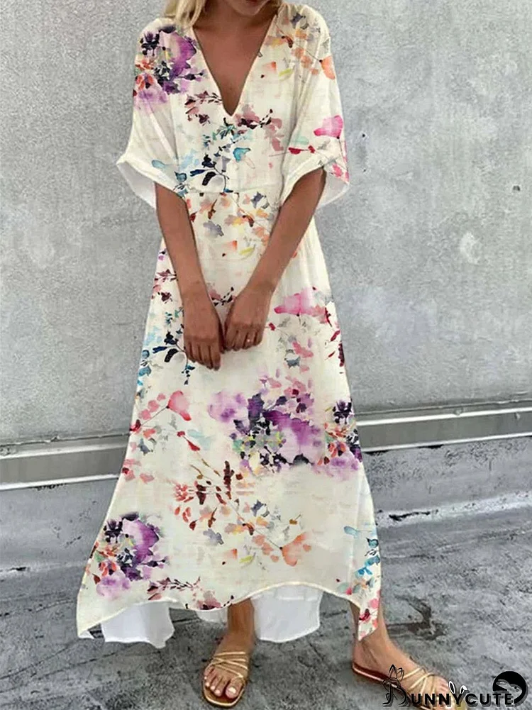 Women's Colorful Half Sleeve V-neck Graphic Floral Printed Maxi Dress