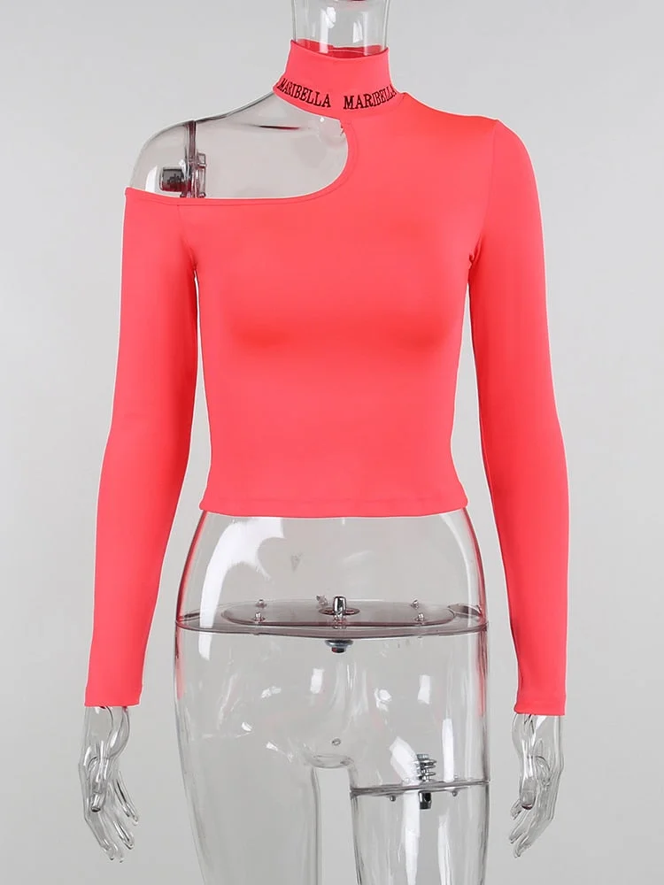 WannaThis Letter Embroidery Top Ladies Turtleneck Sexy Hollow Out Off Shoulder Long Sleeve Ladies Slim Fall Basic Casual T-Shirt