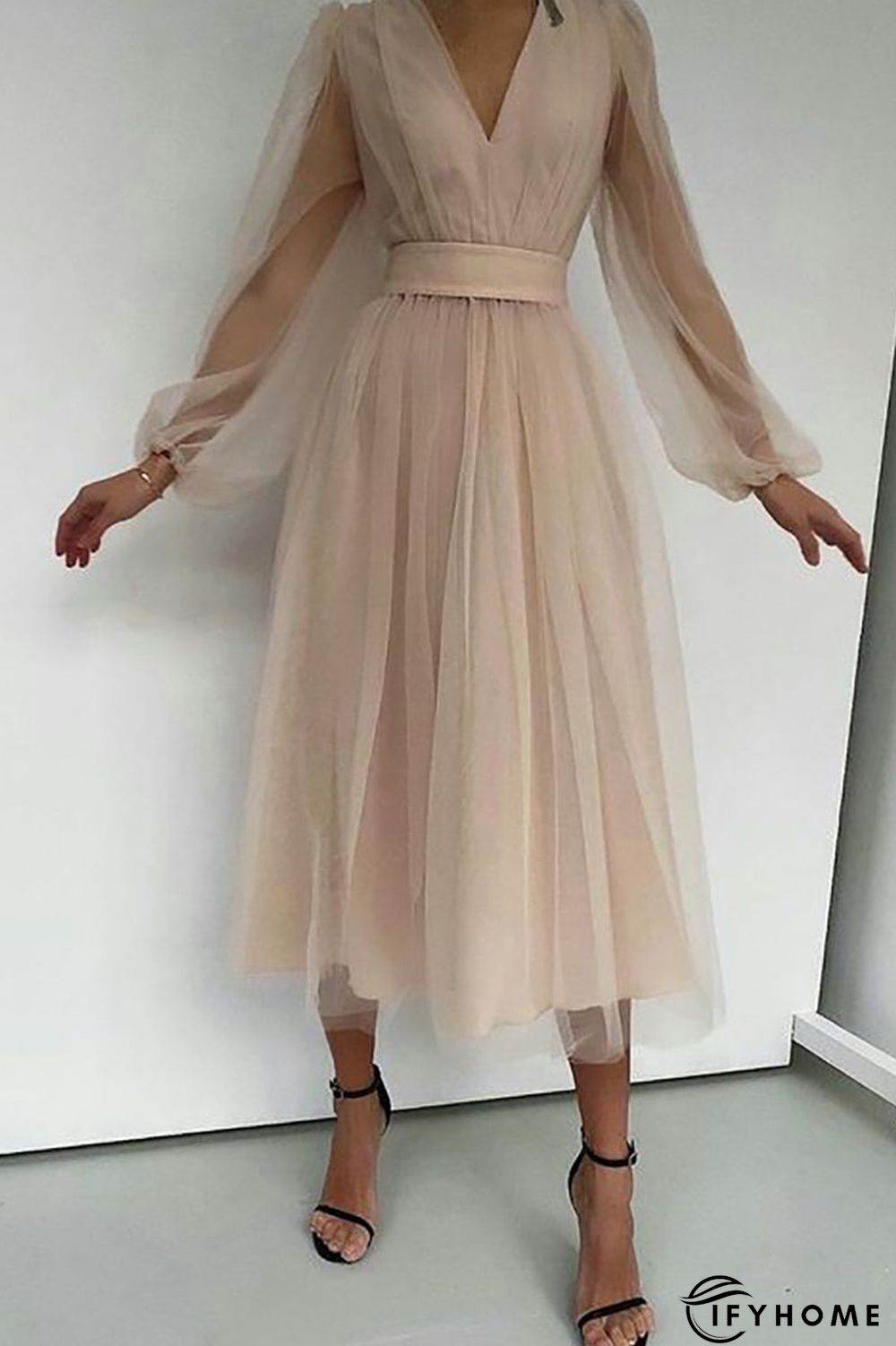 V Neck Tulle Long Sleeve Midi Dress | IFYHOME