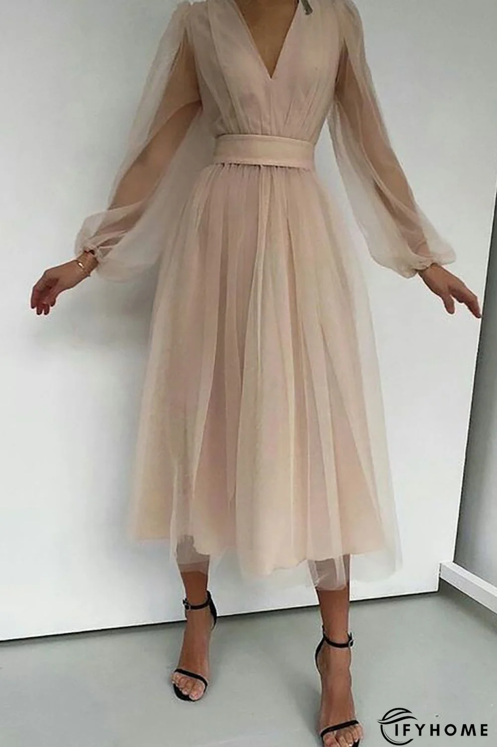 V Neck Tulle Long Sleeve Midi Dress | IFYHOME