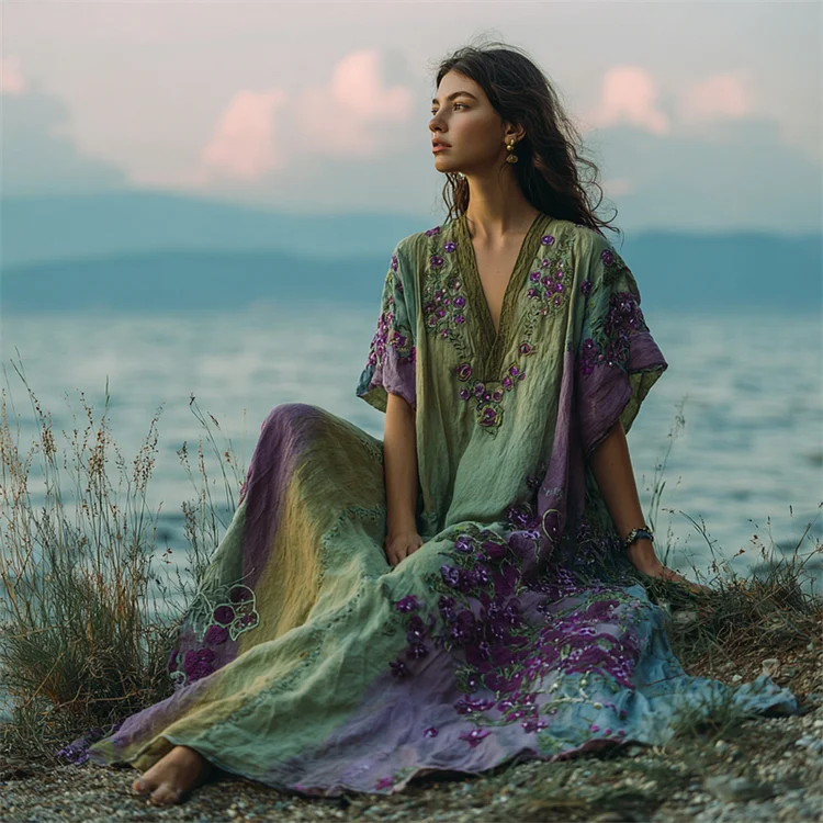 Boho Purple Floral Embroidered Gradient Linen Kaftan Maxi Dress