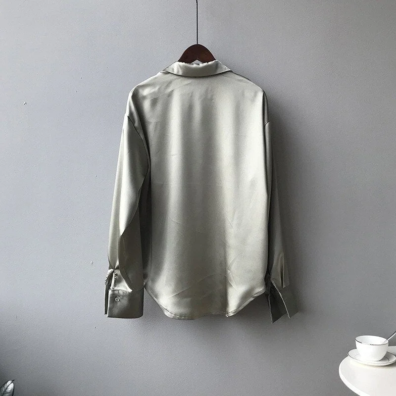 Satin Shirts Fashion Long Sleeve Blouse Women Autumn Vintage Button Up White Loose Woman's Shirts Female Silk Shirt Women 11355