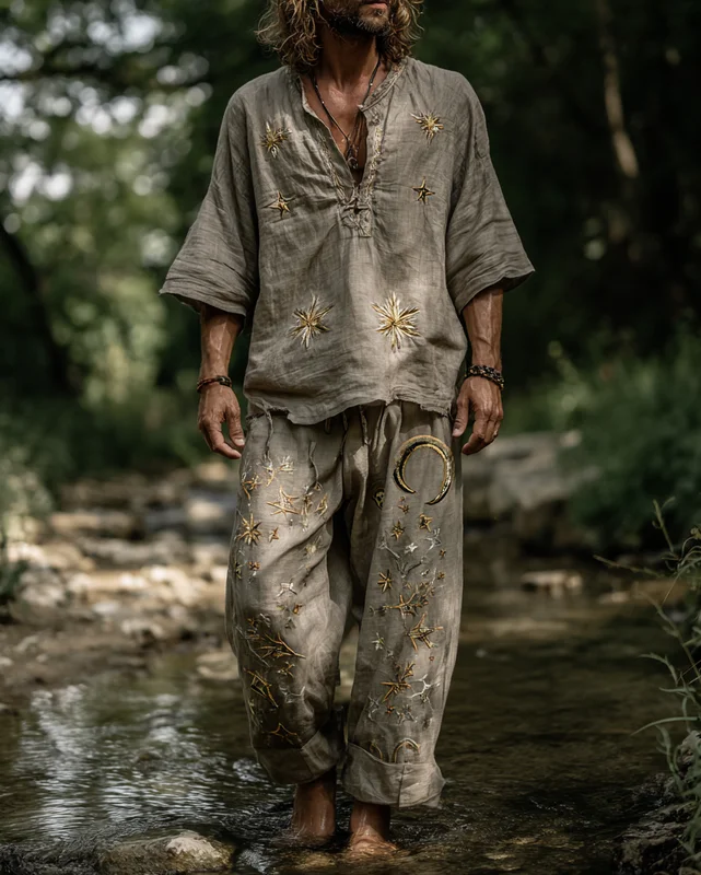 Men's summer vacation leisure star and moon 3D embroidered linen top and casual pants two-piece set 0cf4