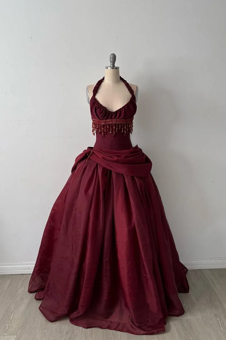 Lussooy Glamorous Sleeveless Burgundy Halter Straps A-Line Long Evening Dress