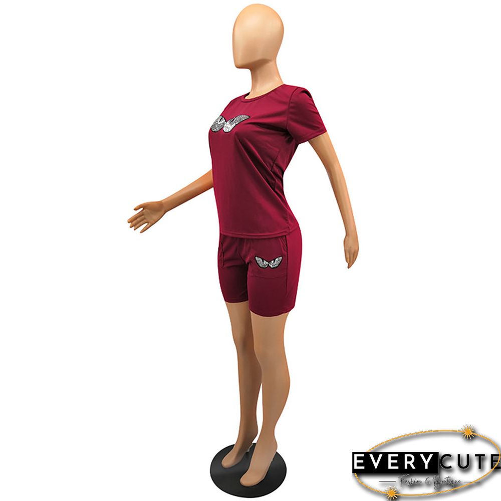 Wine Red Sequined Eyes Printed 2pcs Set