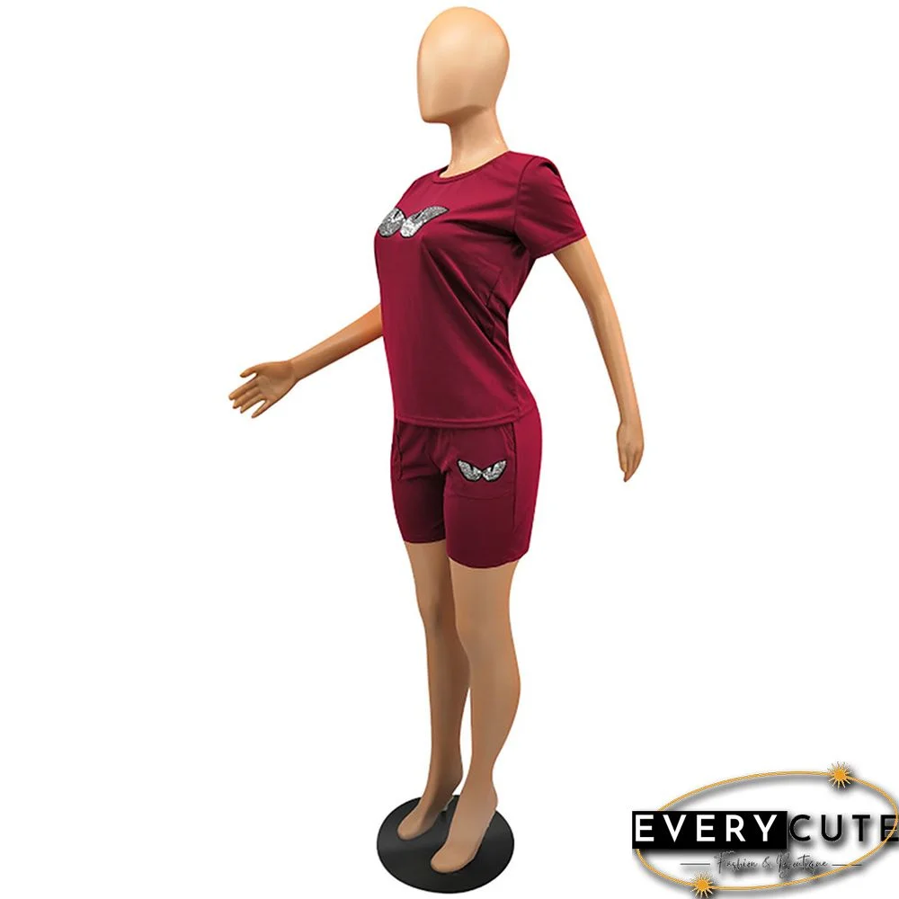 Wine Red Sequined Eyes Printed 2pcs Set