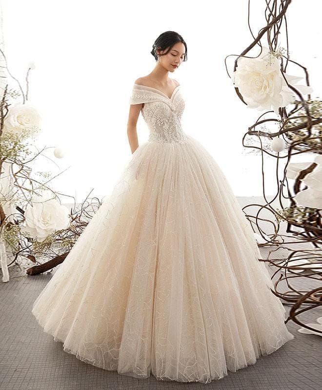 Champagne Sweetheart Tulle Lace Long Wedding Dress, Bridal Gown