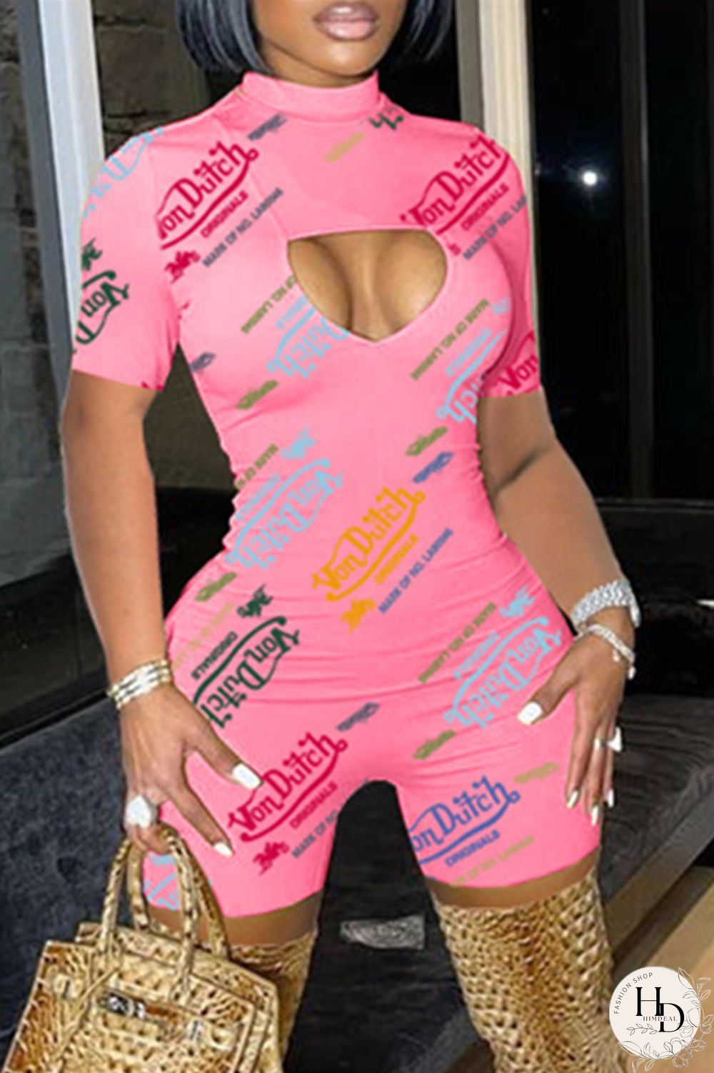 White Fashion Casual Print Hollowed Out Turtleneck Skinny Romper