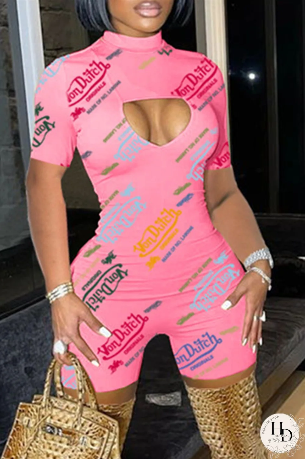 White Fashion Casual Print Hollowed Out Turtleneck Skinny Romper