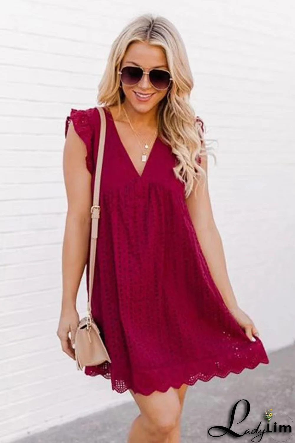 Women Lace Jacquard Hollow Out V-Neck Dress