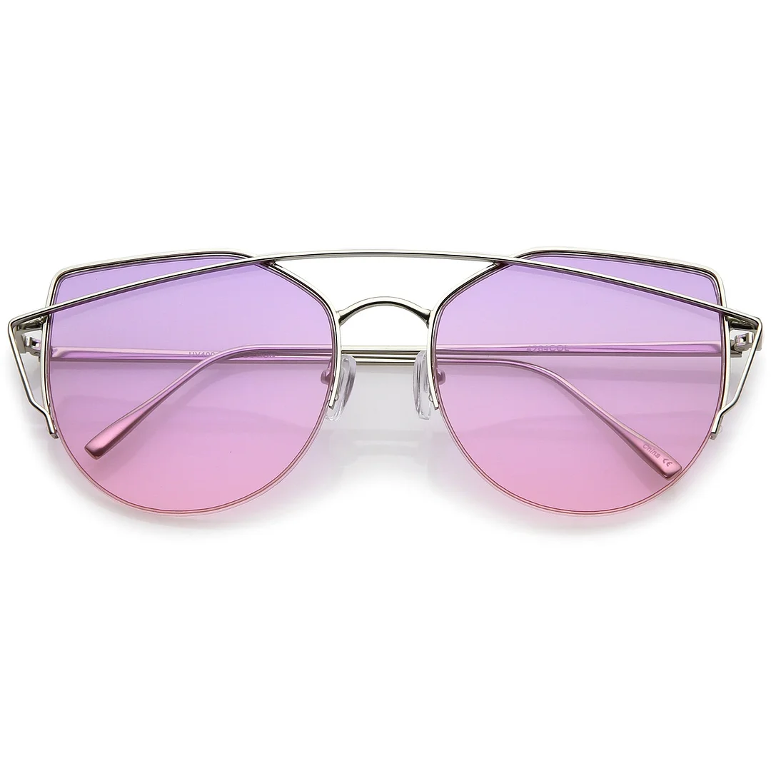 Women's Semi Rimless Metal Brow Bar Round Colored Flat Lens Cat Eye glasses