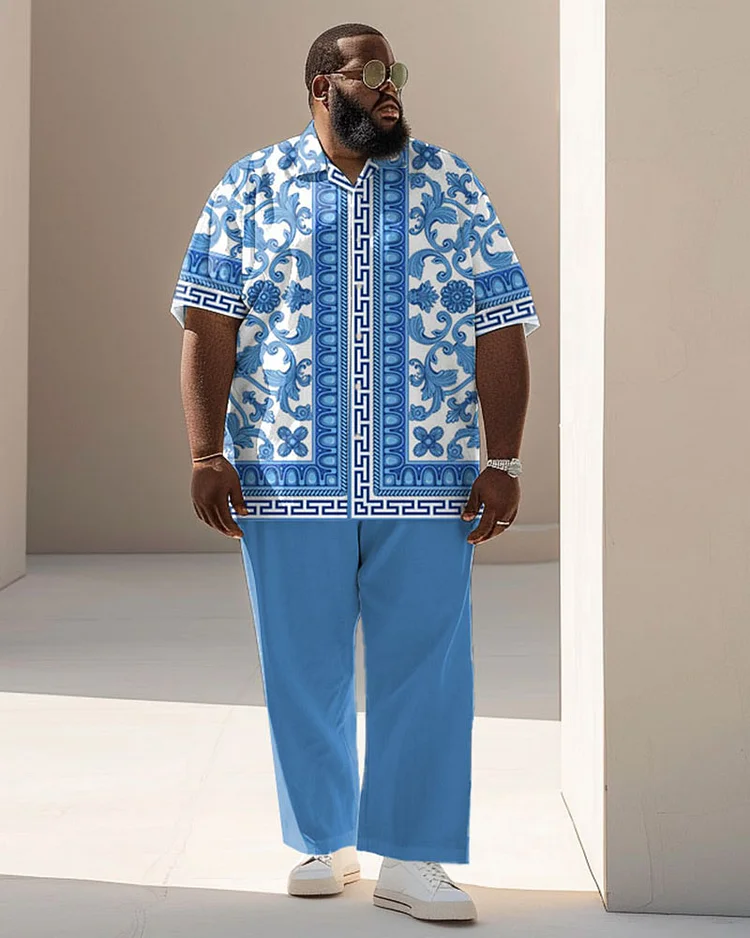 Men's Plus Size Business Baroque Scroll Floral Print Short Sleeve Shirt Suit