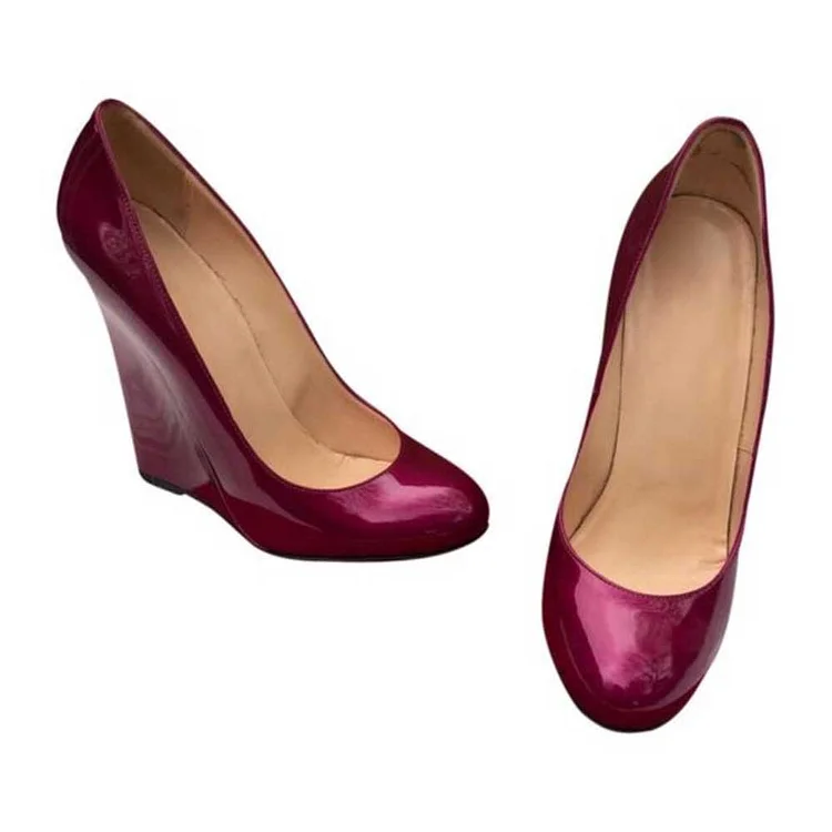 Custom Made Burgundy Patent Leather Wedge Pumps |FSJ Shoes