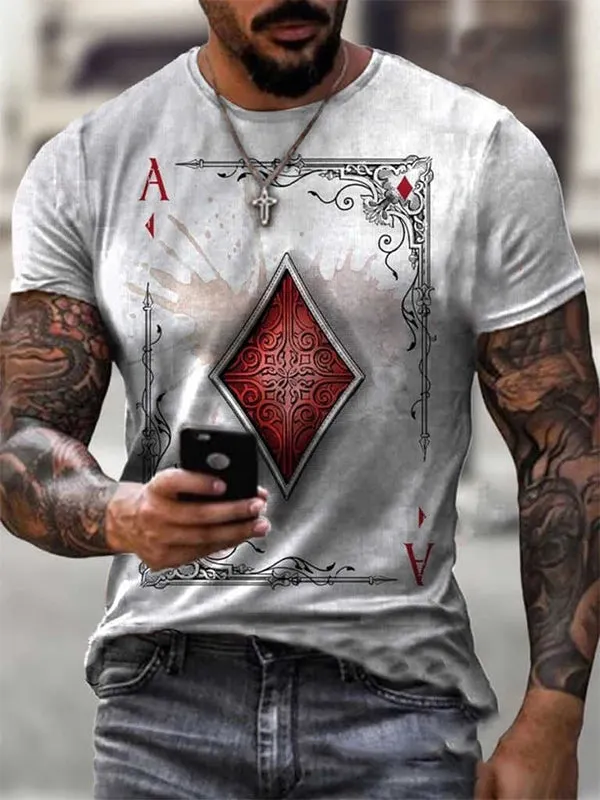 Playing Card Printed Round Neck Loose T-shirt