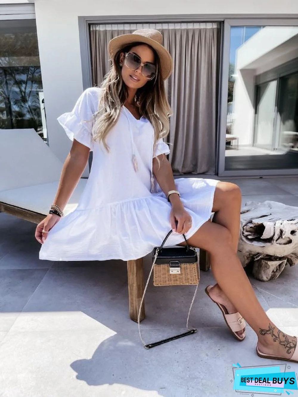 Large New V-Neck Short Sleeve Suspended Beard Pleated Dress