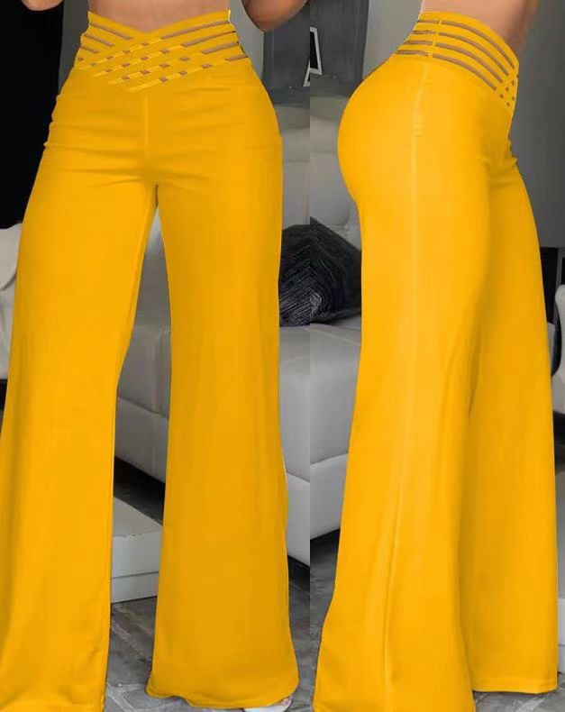 2025 Women High Waist Flared Pants Sheer Mesh Crisscross Y2K Office Casual Streetwear Trousers