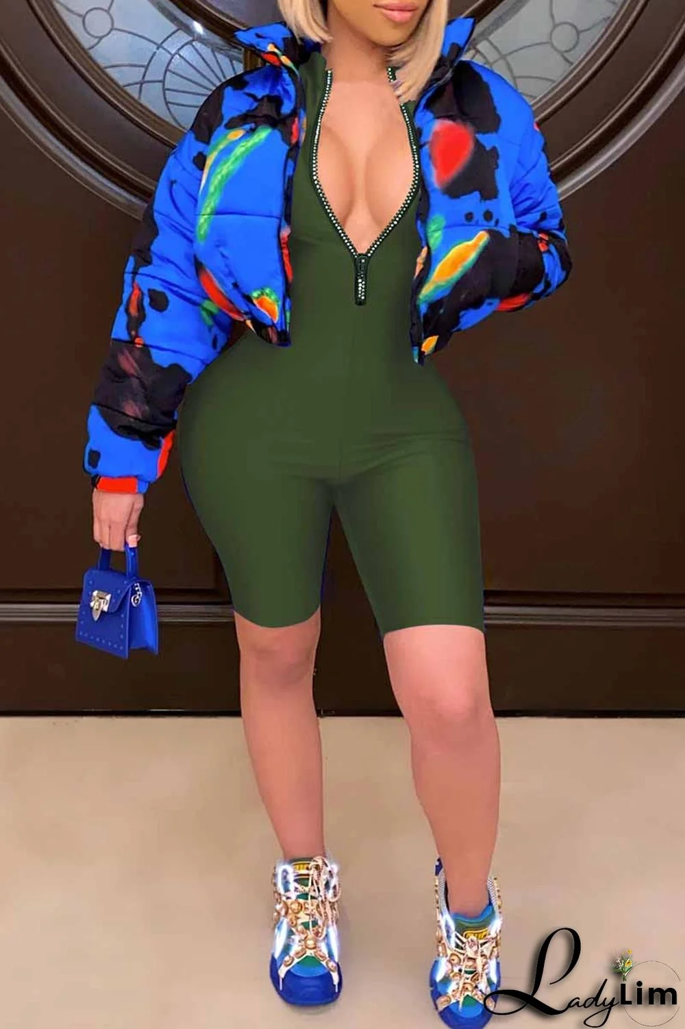 Royal Blue Fashion Casual Solid Basic Zipper Collar Skinny Romper