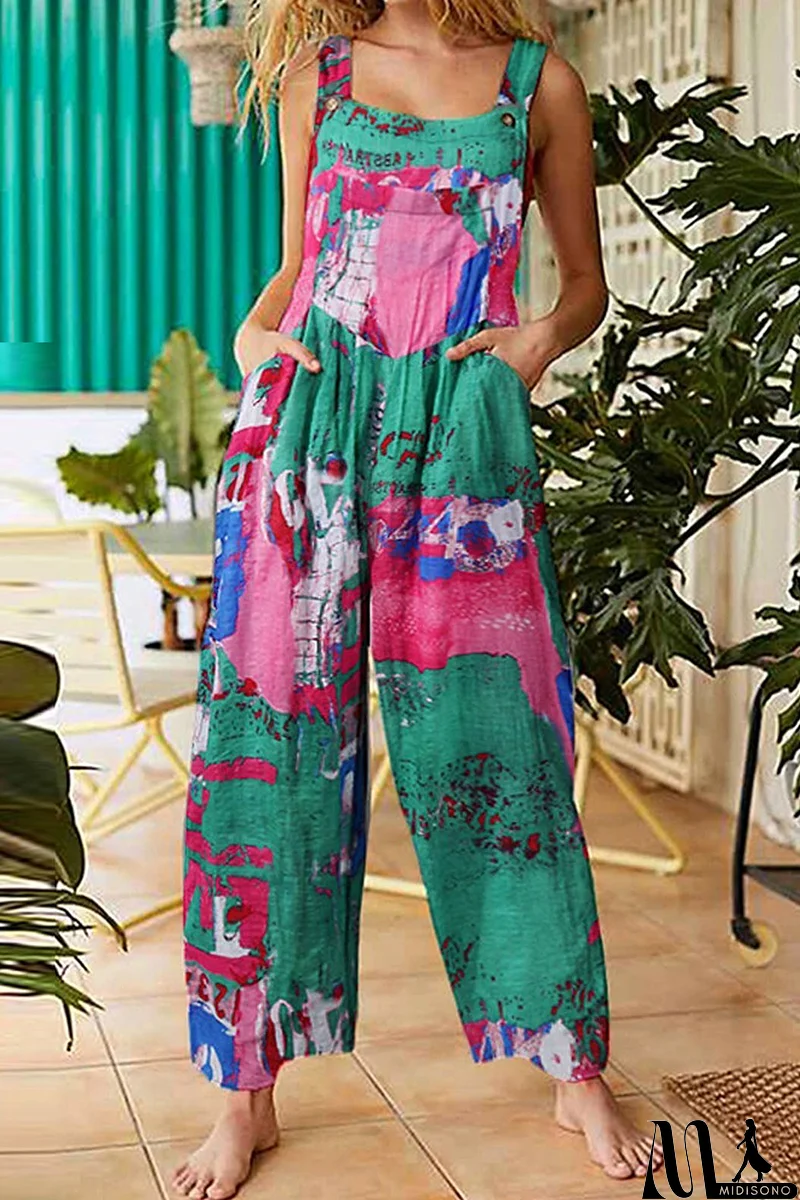 MidiSono - Casual Print Split Joint Pocket Square Collar Straight Jumpsuits