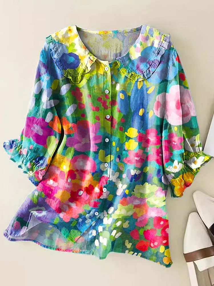 Women's Lovely Floral Art Print Casual Peter Pan Collar Cotton Shirt