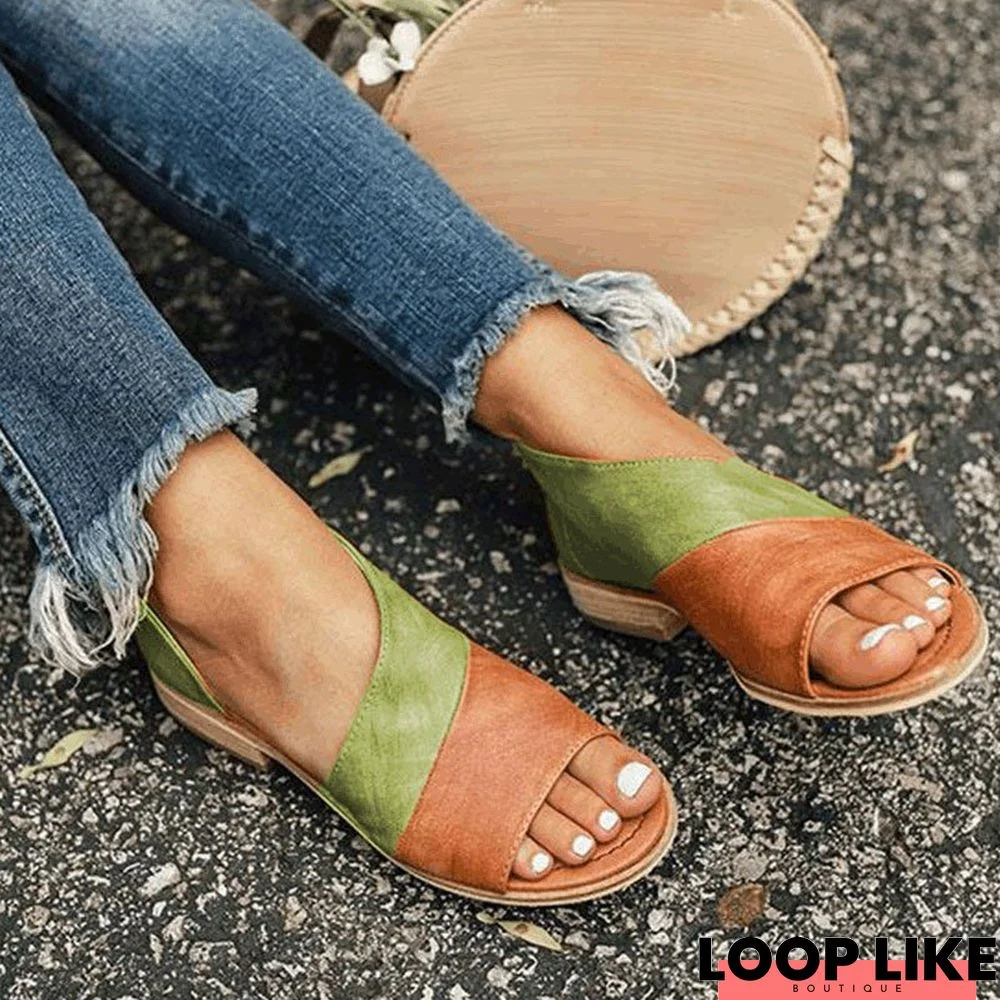 Women Daily Sticthing Color Block Low Heel Panel Sandals