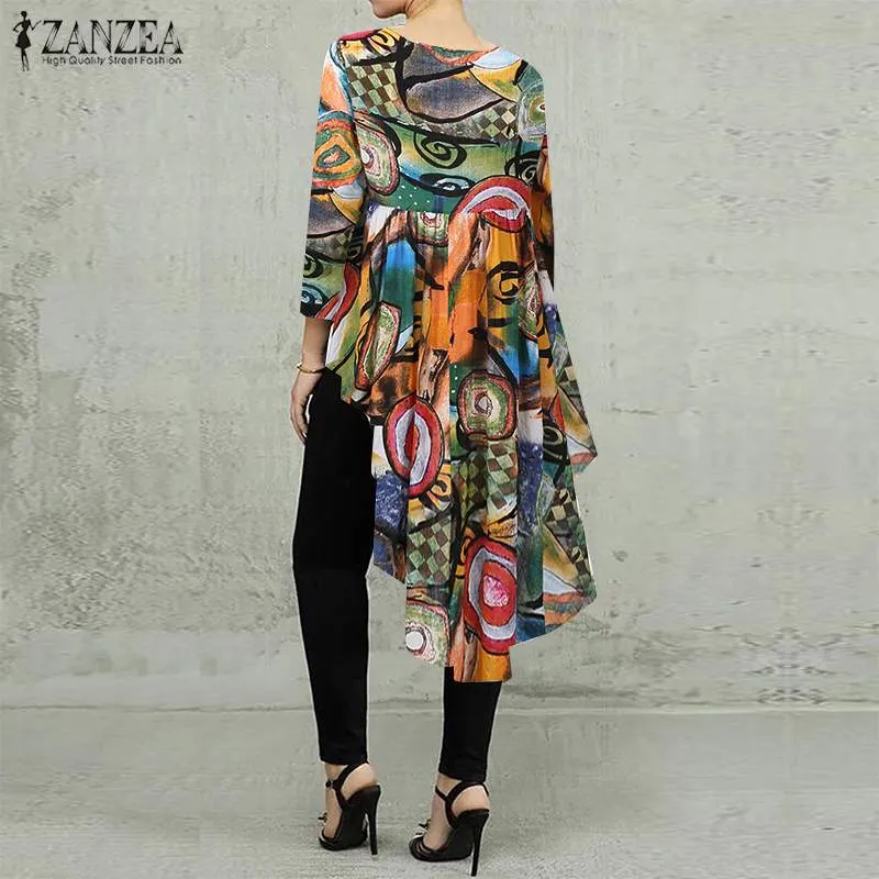 ZANZEA Summer Asymmetrical Blouse Fashion Women Floral Printed Tops Bohemian High Low Long Shirt Casual Long Sleeve Blusa Mujer7