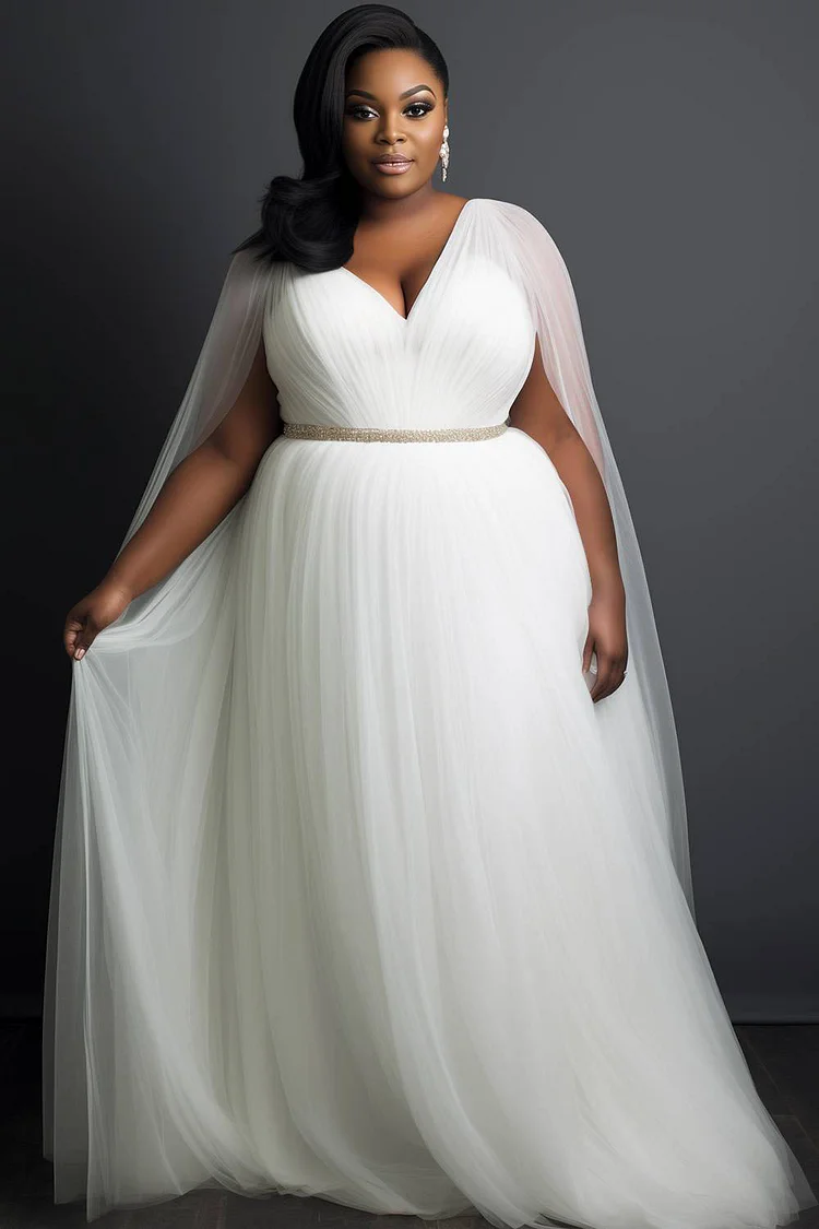 Xpluswear Design Plus Size Wedding White V Neck Cape Sleeve Drilling Tulle Maxi Dresses