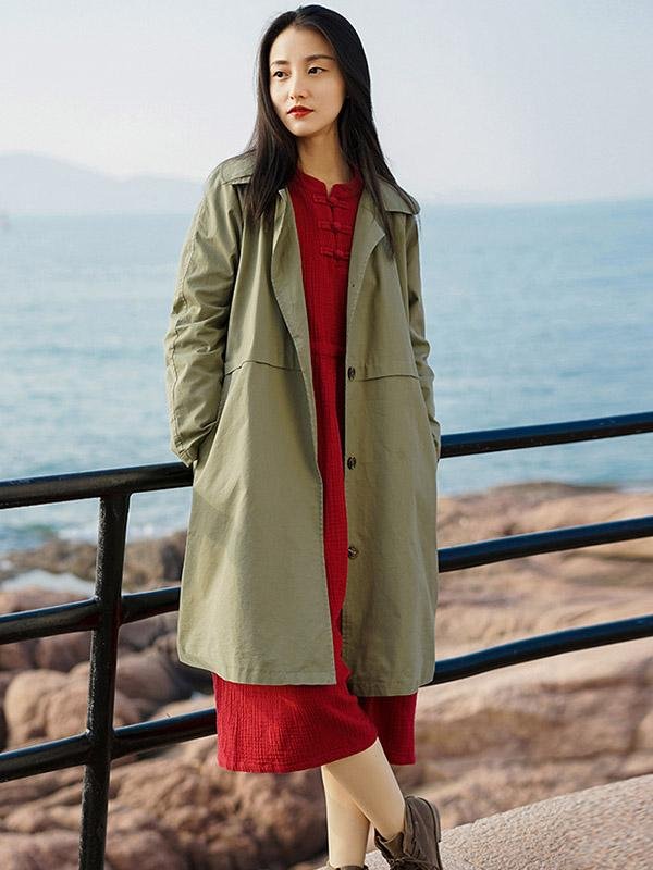 Loose Solid Color Doll-Neck Trench Outwear