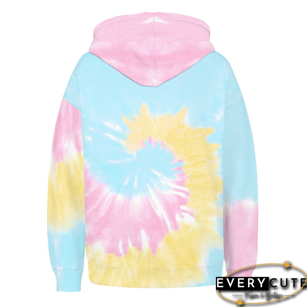 Light Blue Tie Dye Print Drawstring Hoodie