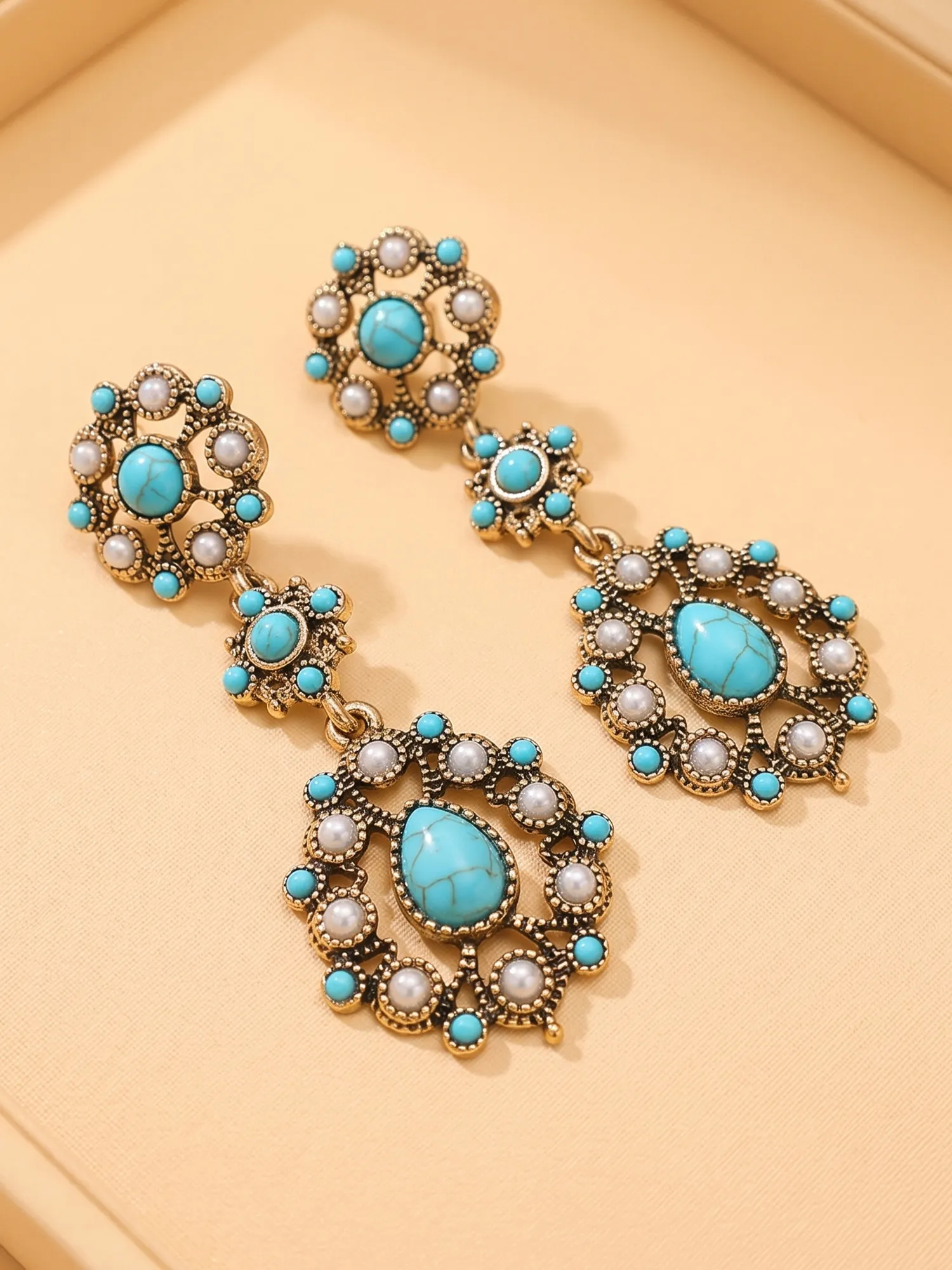 Western Jewelry &mdash; Turquoise Gold Filigree Inlaid Pearl Drop Earrings