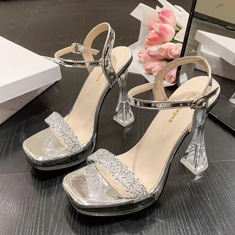 Breakj Breakj Temperament Crystal And Coarse Heel Sandals Women Ultra-High Heel Waterproof Counter Thick-Sing-Le-Soo Model Show Shoes