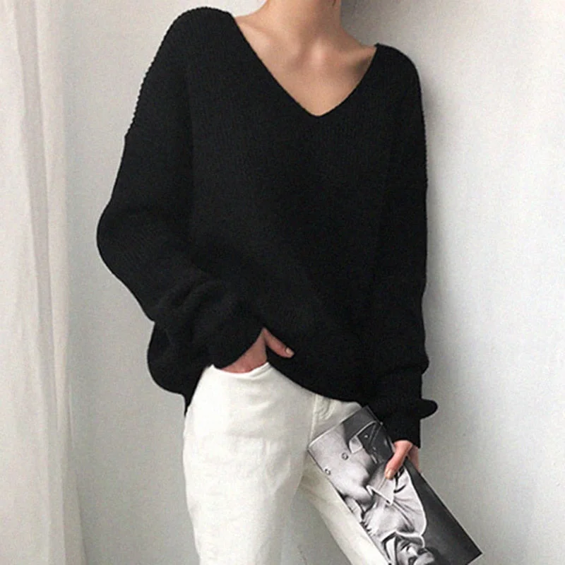 Korean winter women's jacket pullover women's knitted bottoming sweater V-neck loose simple irregular hem sweater 10526