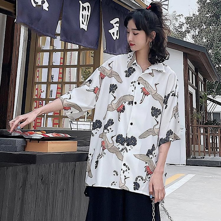 Girlfriend Boyfriend Vintage Crane Print T-Shirt Pants Overalls Skirt Set - Modakawa modakawa